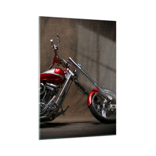Glasbild - Bild auf glas - Rotes Custom-Motorrad auf dunklem Hintergrund - 50x70cm - Rote und silberne Schönheit - Moderne Wanddekoration für Wohnzimmer und Schlafzimmer ARTTOR