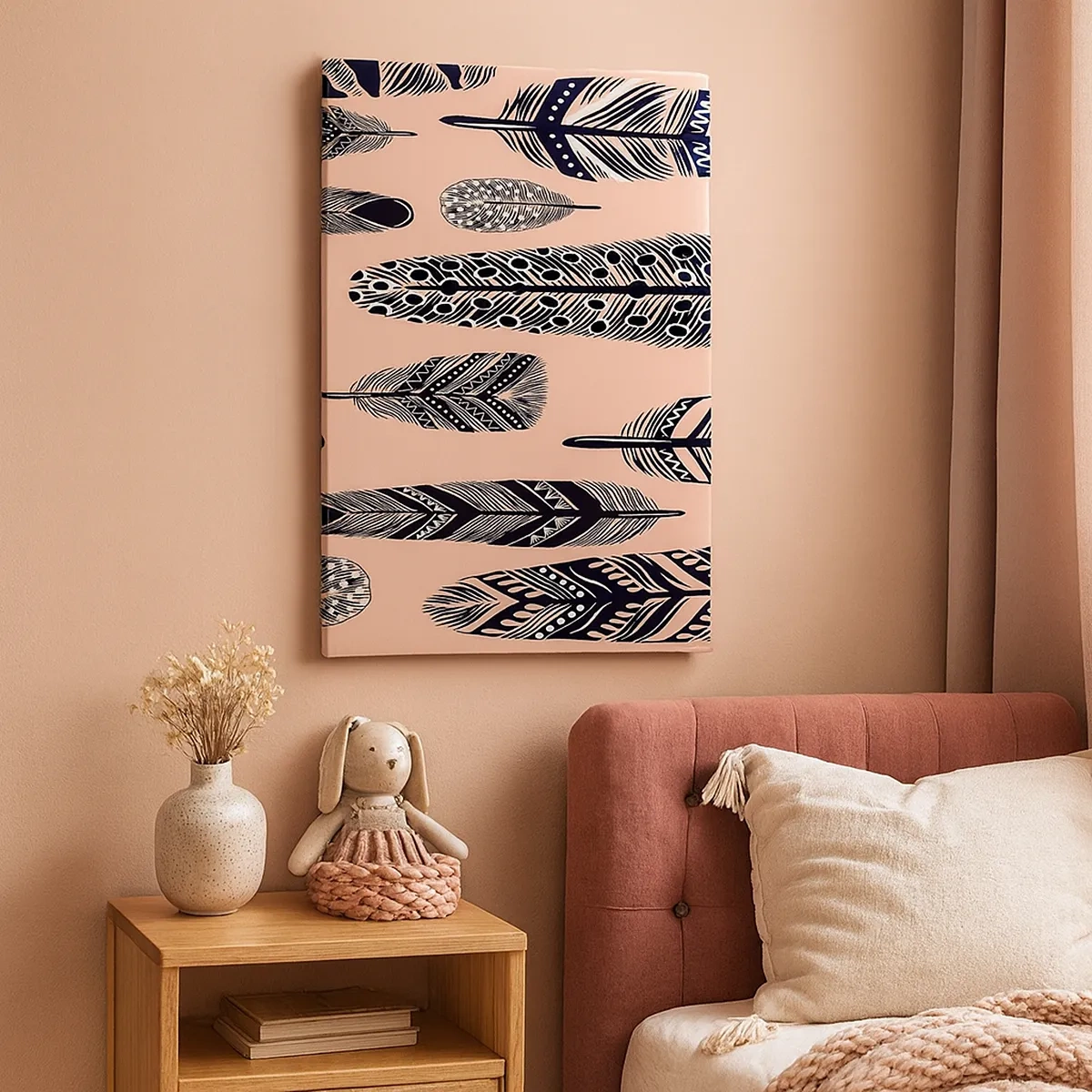 Bild auf Leinwand - Leinwandbild - Dekorative Federn auf hellem Hintergrund - 50x70cm - Indische Sammlung - Moderne Wanddekoration für Wohnzimmer und Schlafzimmer ARTTOR