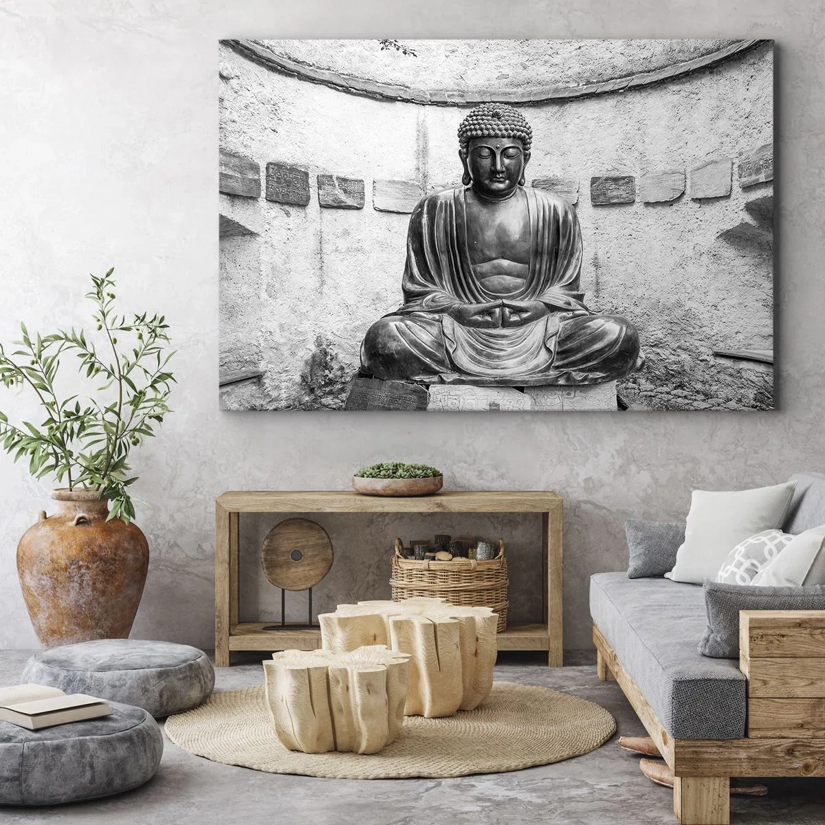 Bild auf Leinwand - Leinwandbild - Schwarz-weiße Buddha-Statue in meditativer Pose - 120x80cm - An der Quelle des Friedens - Moderne Wanddekoration für Wohnzimmer und Schlafzimmer ARTTOR