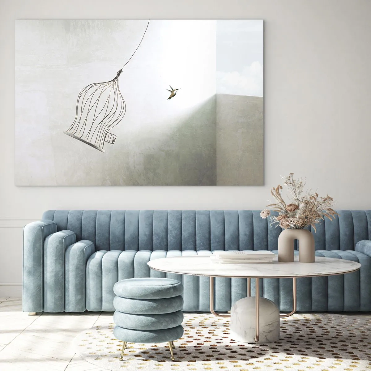 Glasbild - Bild auf glas - Ein offener Käfig und ein Kolibri, der bei Tageslicht davonfliegt - 70x50cm - In seinem Element - Moderne Wanddekoration für Wohnzimmer und Schlafzimmer ARTTOR