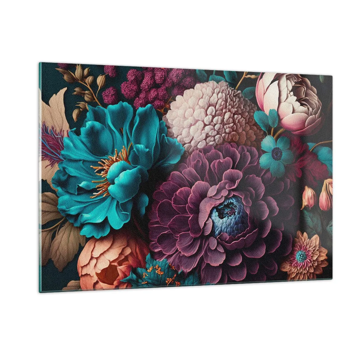 Glasbild - Bild auf glas - Eine reiche Komposition aus Blumen in intensiven Farben - 120x80cm - Natur in Hülle und Fülle - Moderne Wanddekoration für Wohnzimmer und Schlafzimmer ARTTOR