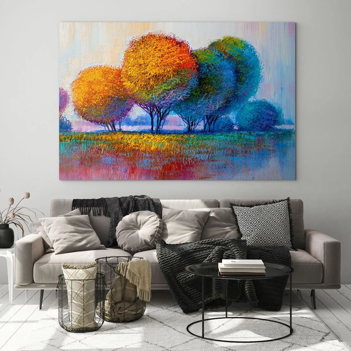 Glasbild - Bild auf glas - Bunte Bäume in Herbstfarben vor blauem Himmel - 120x80cm - Ein Haufen leuchtender Farben - Moderne Wanddekoration für Wohnzimmer und Schlafzimmer ARTTOR