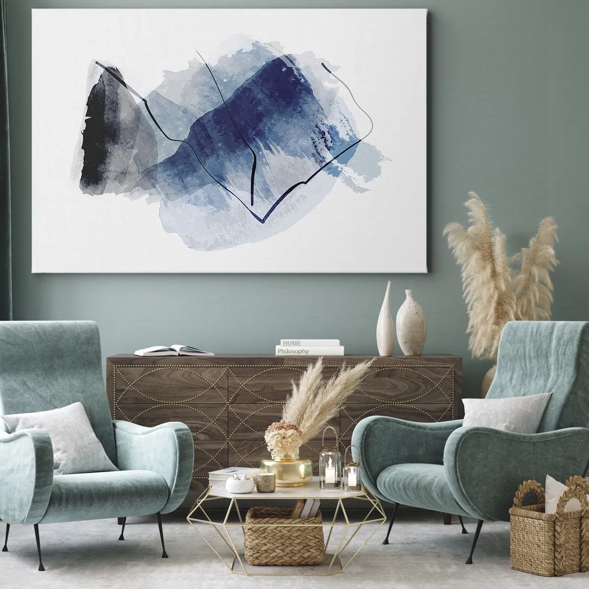 Bild auf Leinwand - Leinwandbild - Abstrakte Formen in Blautönen mit zarten Linien - 70x50cm - Eisberg - Moderne Wanddekoration für Wohnzimmer und Schlafzimmer ARTTOR