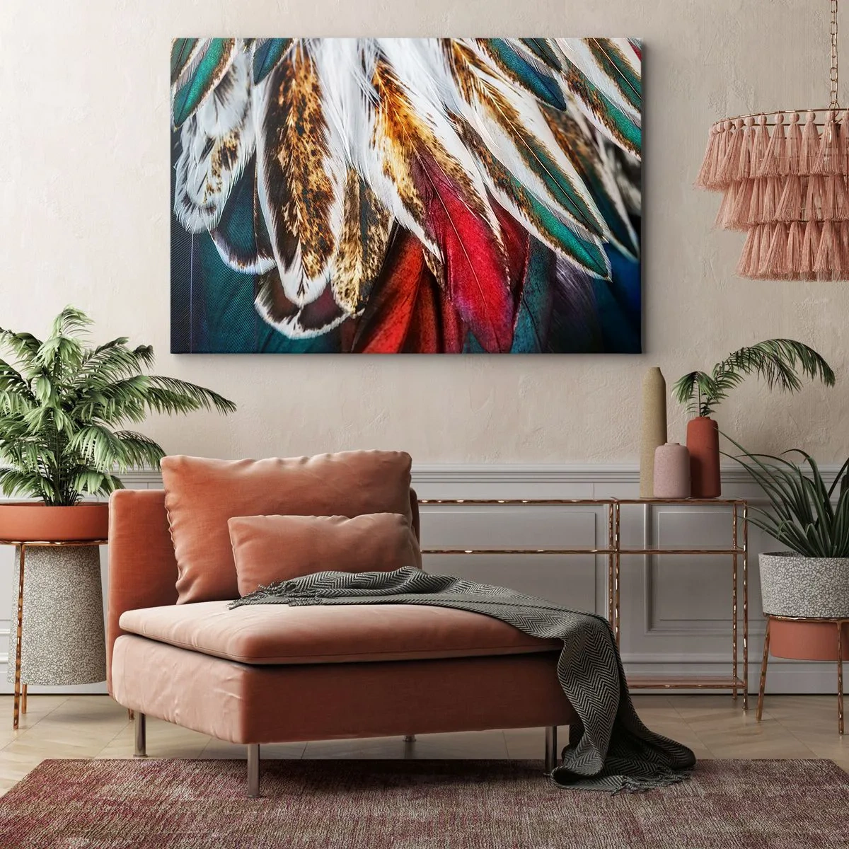 Bild auf Leinwand - Leinwandbild - Nahaufnahme von mehrfarbigen Federn in leuchtenden, intensiven Farben - 120x80cm - Geheimnisse des Fliegens - Moderne Wanddekoration für Wohnzimmer und Schlafzimmer ARTTOR