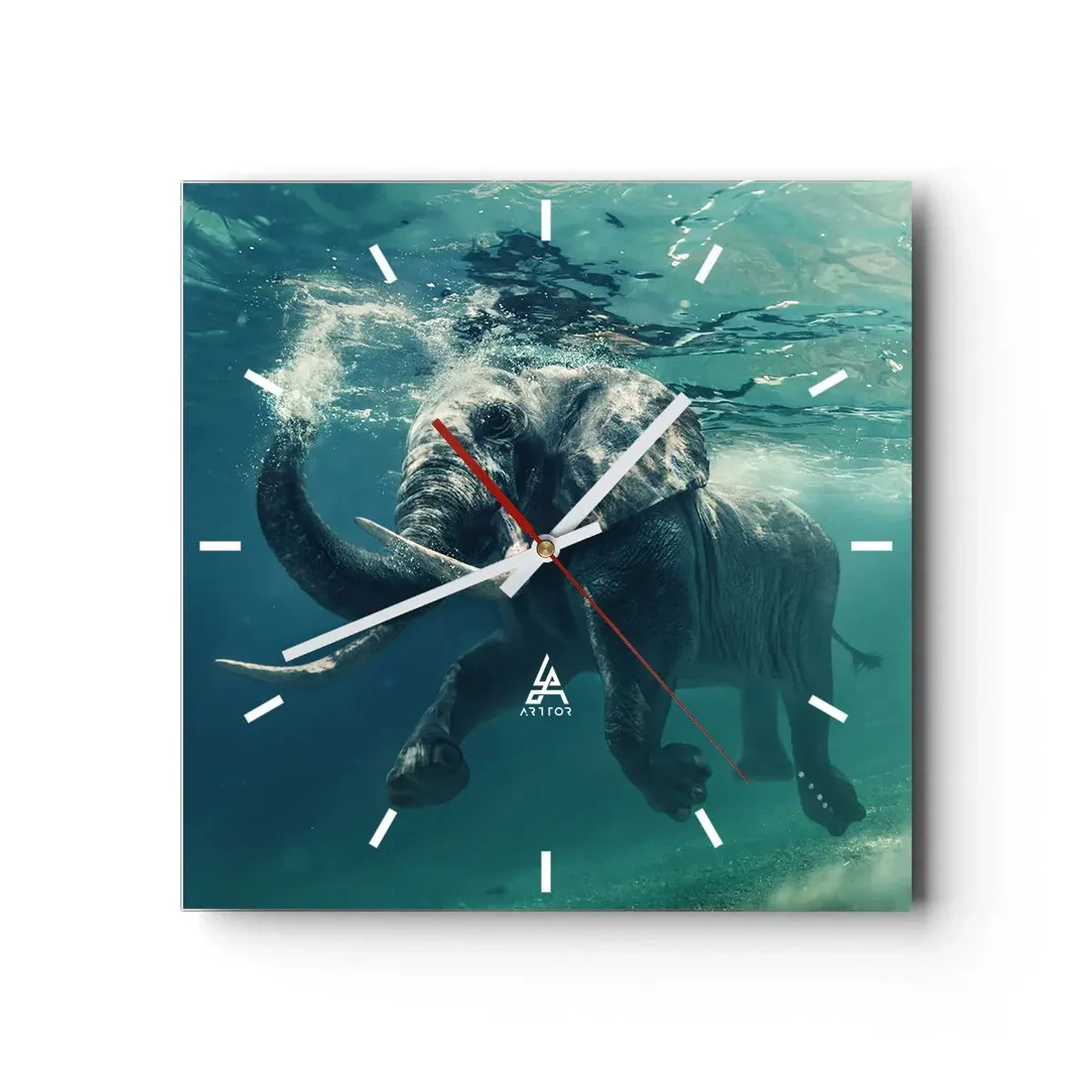 Wanduhr - Glasuhr - Ein Elefant schwimmt unter Wasser in den türkisfarbenen Tiefen - 30x30cm - Jeder schwimmt gerne - Moderne Wanddekoration für Wohnzimmer und Schlafzimmer ARTTOR