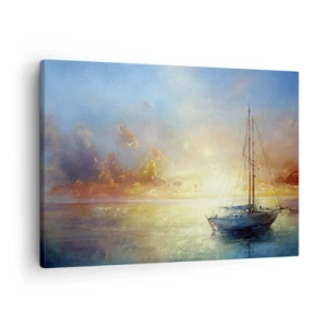 Bild auf Leinwand - Leinwandbild - Eine Yacht auf ruhigem Meer bei Sonnenuntergang - 70x50cm - In einer goldenen Bucht - Moderne Wanddekoration für Wohnzimmer und Schlafzimmer ARTTOR