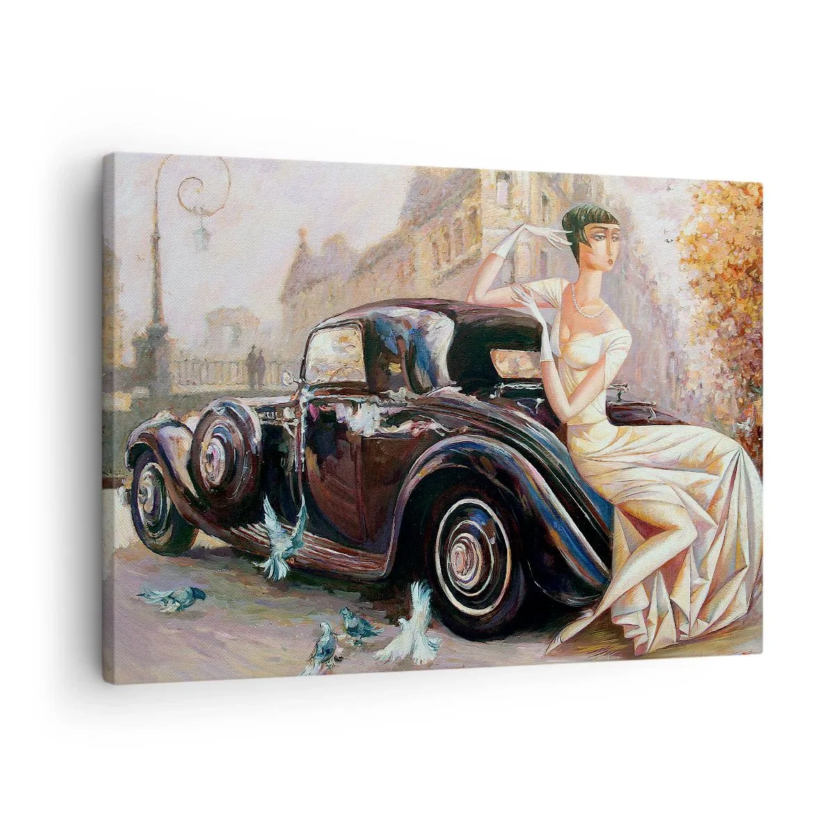 Bild auf Leinwand - Leinwandbild - Retro-Frau neben Oldtimer - 70x50cm - Eleganz im Retro-Stil - Moderne Wanddekoration für Wohnzimmer und Schlafzimmer ARTTOR