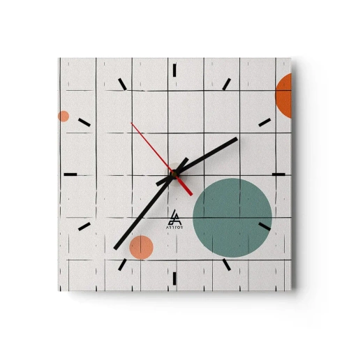 Wanduhr - Glasuhr - Abstrakte farbige Kreise auf einem geometrischen Gitterhintergrund - 30x30cm - Gefangen. Wir oder sie? - Moderne Wanddekoration für Wohnzimmer und Schlafzimmer ARTTOR