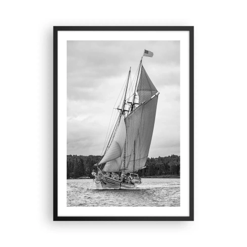 Poster in einem schwarzem Rahmen - Ein Segelschiff mit großen Segeln segelt auf dem Meer in Schwarz und Weiß - 50x70cm - Brüder des Windes - Moderne Wanddekoration für Wohnzimmer und Schlafzimmer ARTTOR