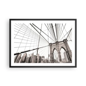 Poster in einem schwarzem Rahmen - Die Brooklyn Bridge in Schwarzweiß - 70x50cm - New Yorker Kathedrale - Moderne Wanddekoration für Wohnzimmer und Schlafzimmer ARTTOR