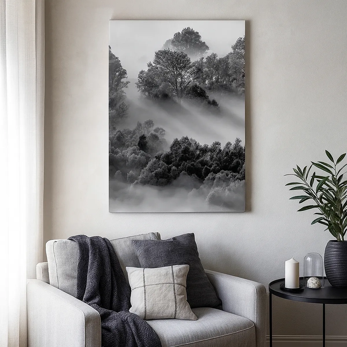 Bild auf Leinwand - Leinwandbild - Schwarz-weiße Waldlandschaft im Morgennebel - 50x70cm - Aufstehend aus dem Schlaf - Moderne Wanddekoration für Wohnzimmer und Schlafzimmer ARTTOR