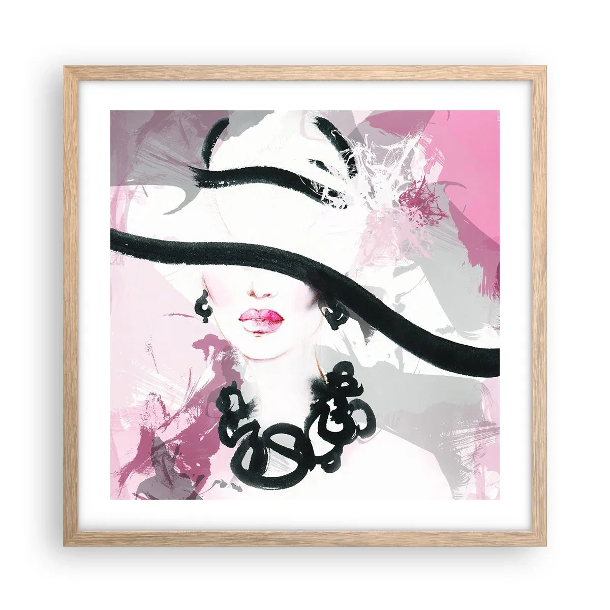 Poster in einem Rahmen aus heller Eiche - Bildnis einer Dame in Schwarz und Pink - 50x50 cm