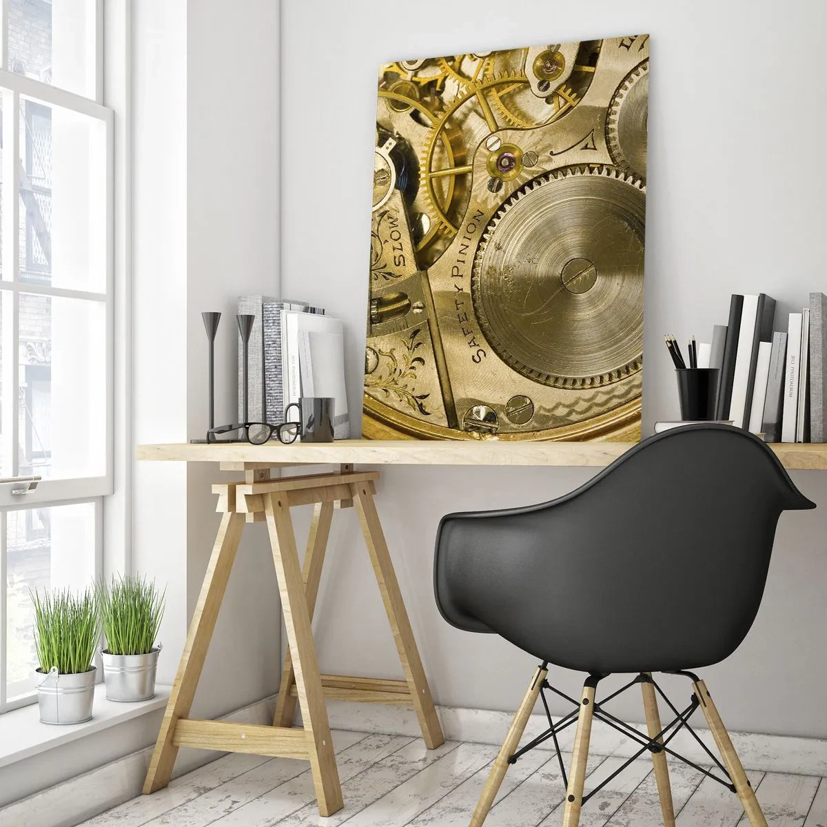 Glasbild - Bild auf glas - Uhrwerk in Gold-Finish - 50x70cm - Geh mit der Zeit - Moderne Wanddekoration für Wohnzimmer und Schlafzimmer ARTTOR