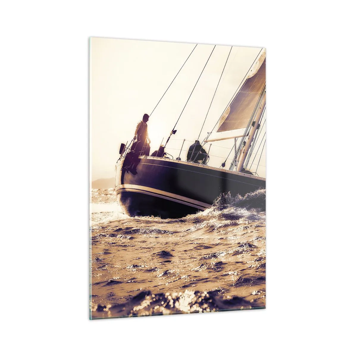 Glasbild - Bild auf glas - Ein Segelboot auf stürmischer See in warmen Farbtönen - 50x70cm - Segle, Seemann - Moderne Wanddekoration für Wohnzimmer und Schlafzimmer ARTTOR