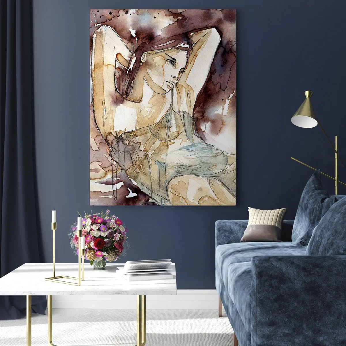 Glasbild - Bild auf glas - Sinnliche Frau in einem künstlerischen Sepia-Aquarell - 50x70cm - In lila Stimmung - Moderne Wanddekoration für Wohnzimmer und Schlafzimmer ARTTOR