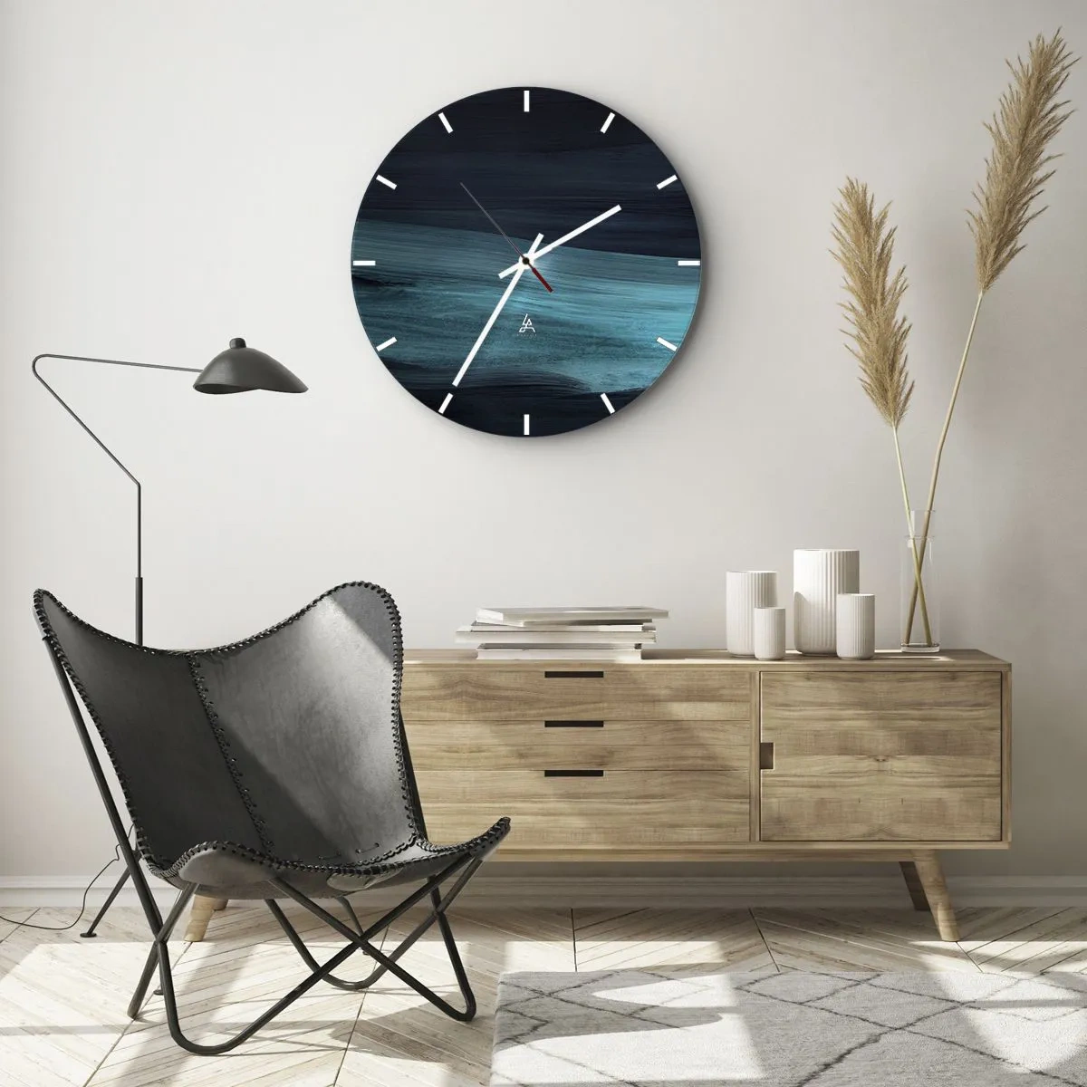 Wanduhr - Glasuhr - Abstrakte Streifen in Türkis und Marineblau erinnern an Wasser - 30x30cm - Gehen Sie mit dem Strom - Moderne Wanddekoration für Wohnzimmer, Küche und Schlafzimmer ARTTOR