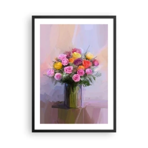 Poster in einem schwarzem Rahmen - Ein Strauß Rosen und Blumen in einer Glasvase - 50x70cm - Festgehaltene Schönheit - Moderne Wanddekoration für Wohnzimmer und Schlafzimmer ARTTOR
