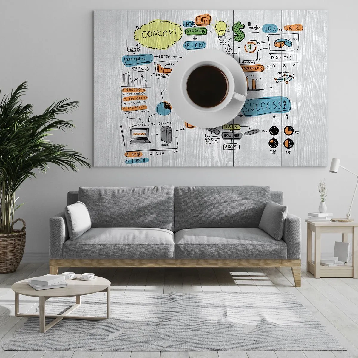 Glasbild - Bild auf glas - Eine Tasse Kaffee vor dem Hintergrund von Diagrammen und Konzeptzeichnungen - 70x50cm - Zeit für eine Pause - Moderne Wanddekoration für Wohnzimmer und Schlafzimmer ARTTOR