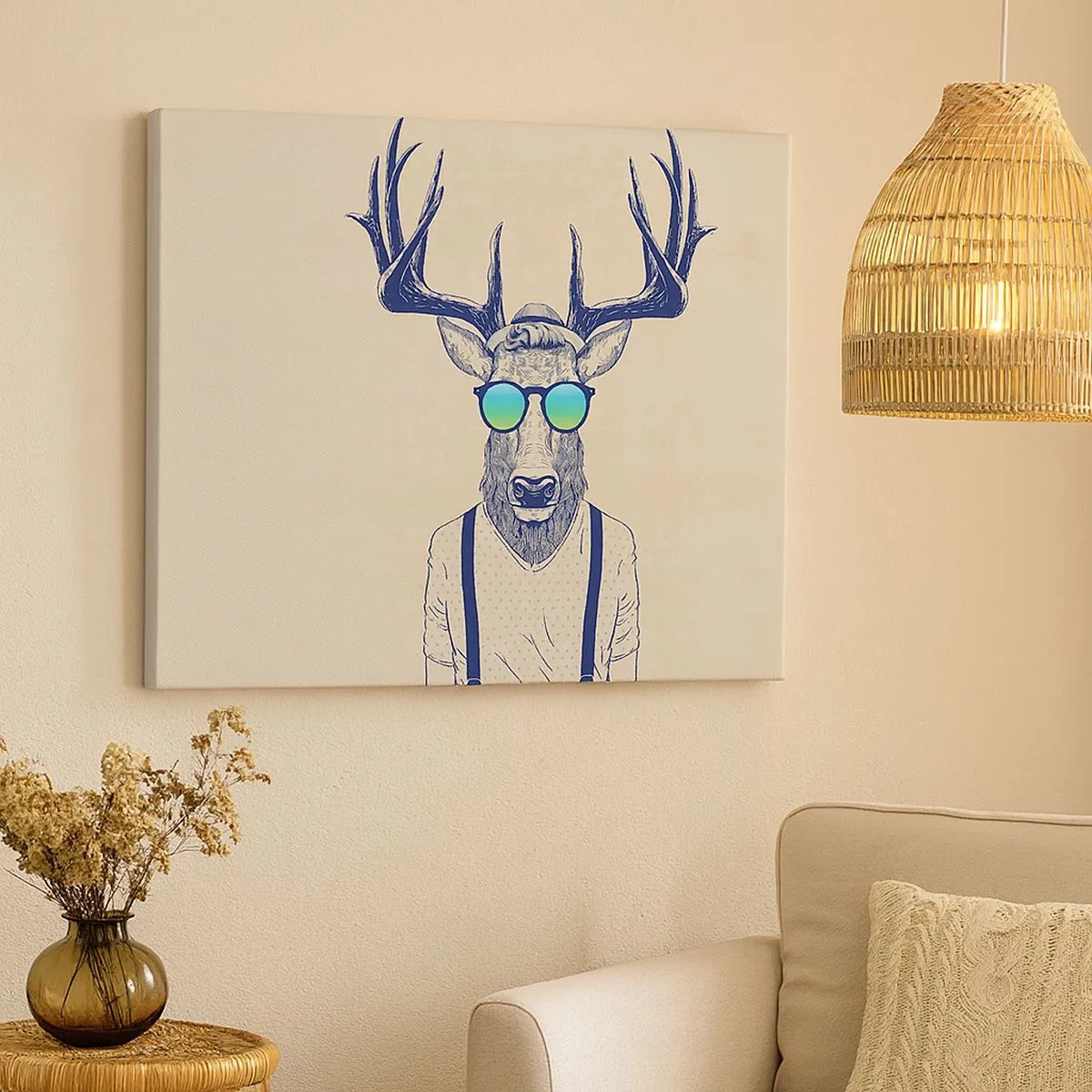 Bild auf Leinwand - Leinwandbild - Stilisierter Hirsch mit Sonnenbrille - 70x50cm - Wen hast du erwartet? - Moderne Wanddekoration für Wohnzimmer und Schlafzimmer ARTTOR