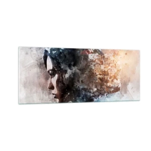 Glasbild - Bild auf glas - Eine Geschichte über ein Mädchen mit einer Stadt im Hintergrund - 100x40 cm