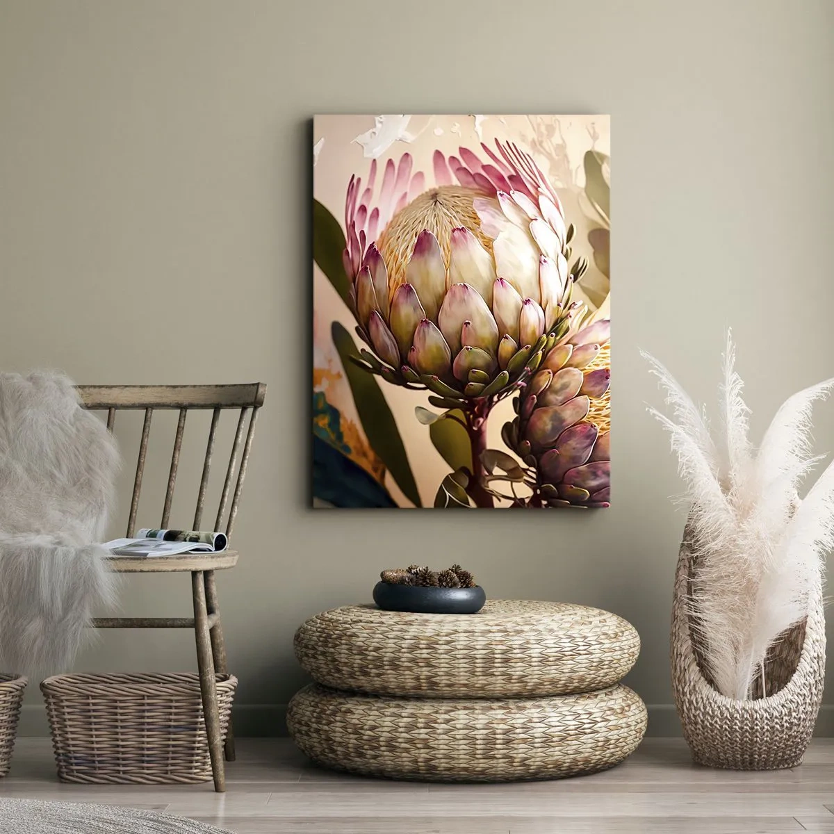 Bild auf Leinwand - Leinwandbild - Bunte Protea-Blüten auf zartem Hintergrund - 50x70cm - Zärtlich umarmt - Moderne Wanddekoration für Wohnzimmer und Schlafzimmer ARTTOR