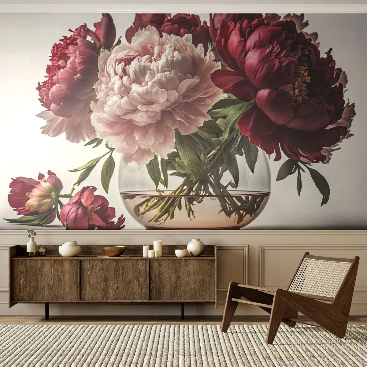 Fototapete Premium Sand - Ein Strauß Pfingstrosen in einer Glasvase auf hellem Hintergrund - 100x70cm - In voller Schönheit - Moderne Wanddekoration für Wohnzimmer und Schlafzimmer ARTTOR