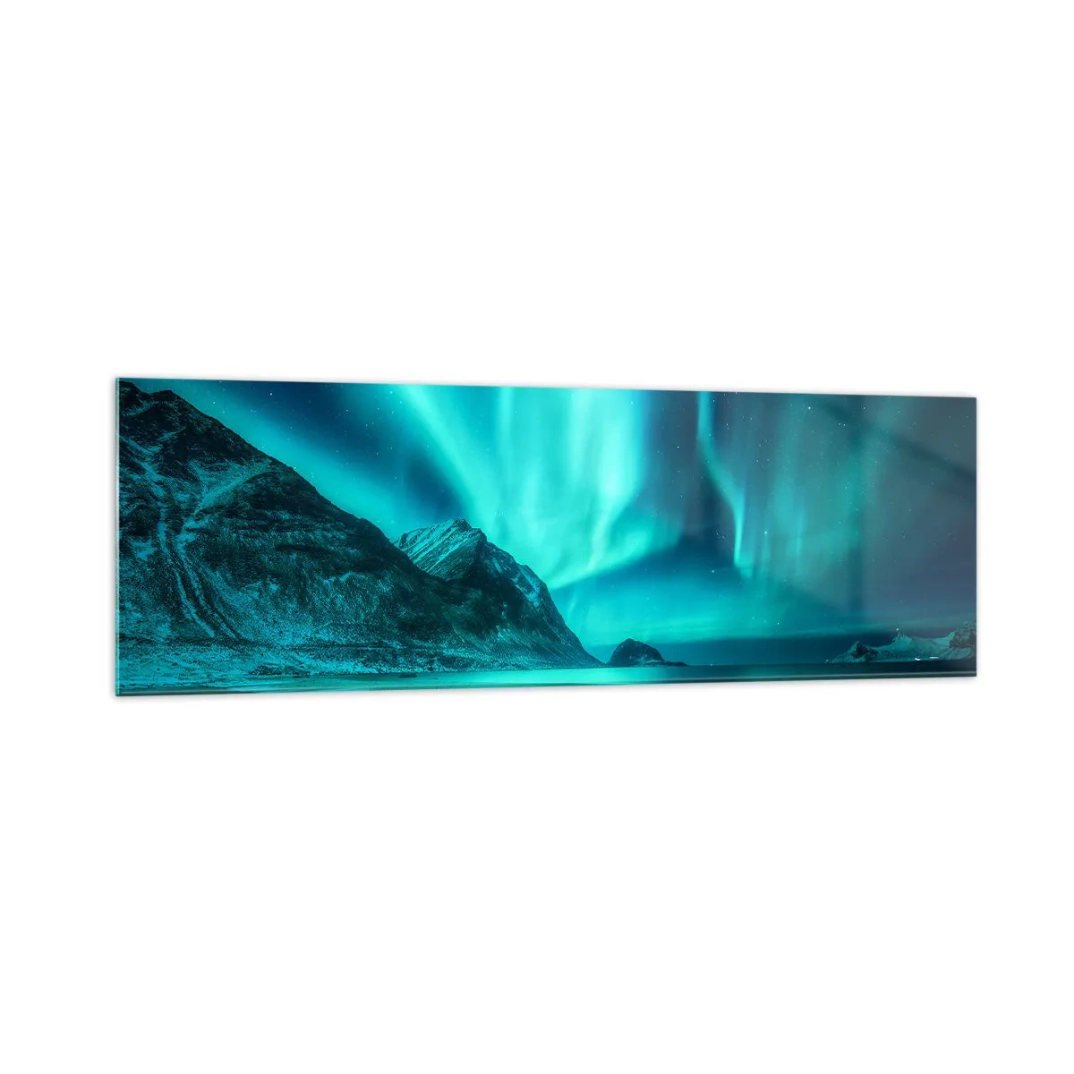 Glasbild - Bild auf glas - Aurora Borealis über einer bergigen Winterlandschaft - 160x50cm - Wunder des Nordens - Moderne Wanddekoration für Wohnzimmer und Schlafzimmer ARTTOR