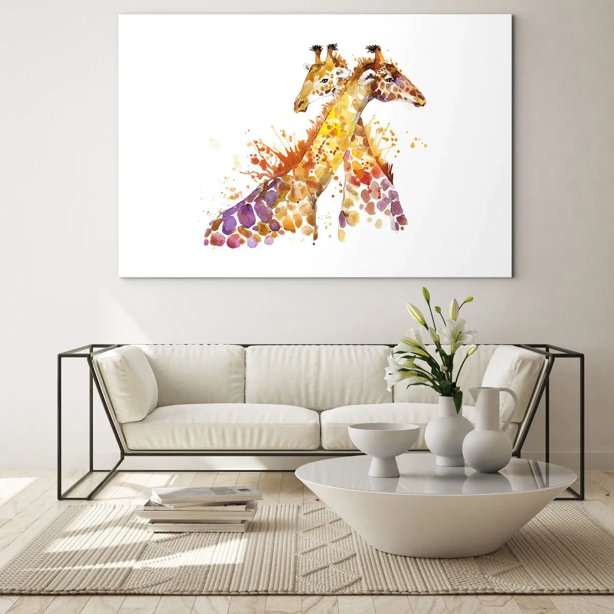 Glasbild - Bild auf glas - Künstlerische Giraffen im Aquarellstil auf weißem Hintergrund - 70x50cm - Ist es Freundschaft oder ist es Baby? - Moderne Wanddekoration für Wohnzimmer und Schlafzimmer ARTTOR