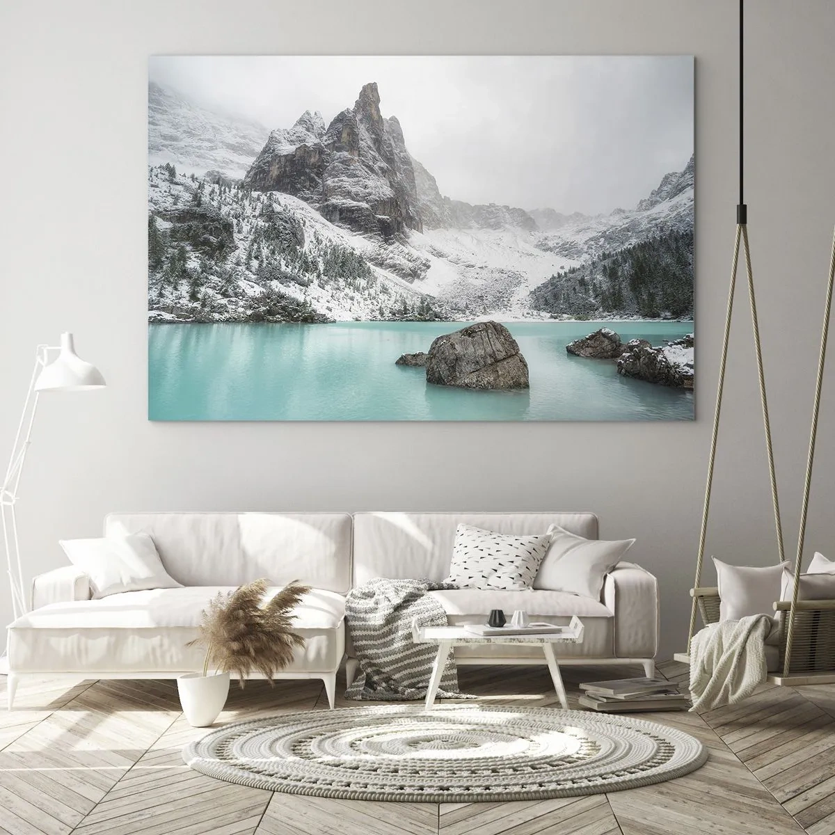 Glasbild - Bild auf glas - Winterlandschaft mit türkisfarbenem See - 100x70cm - Auf der Hut - Moderne Wanddekoration für Wohnzimmer und Schlafzimmer ARTTOR