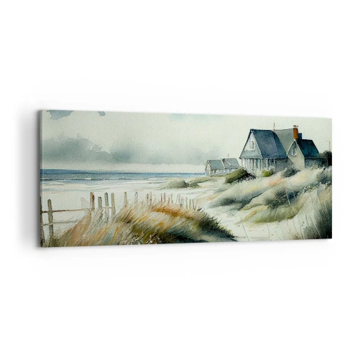 Bild auf Leinwand - Leinwandbild - Ein Haus am Meer, umgeben von Gras und mit Blick auf das Meer - 120x50cm - Abseits vom Trubel - Moderne Wanddekoration für Wohnzimmer und Schlafzimmer ARTTOR