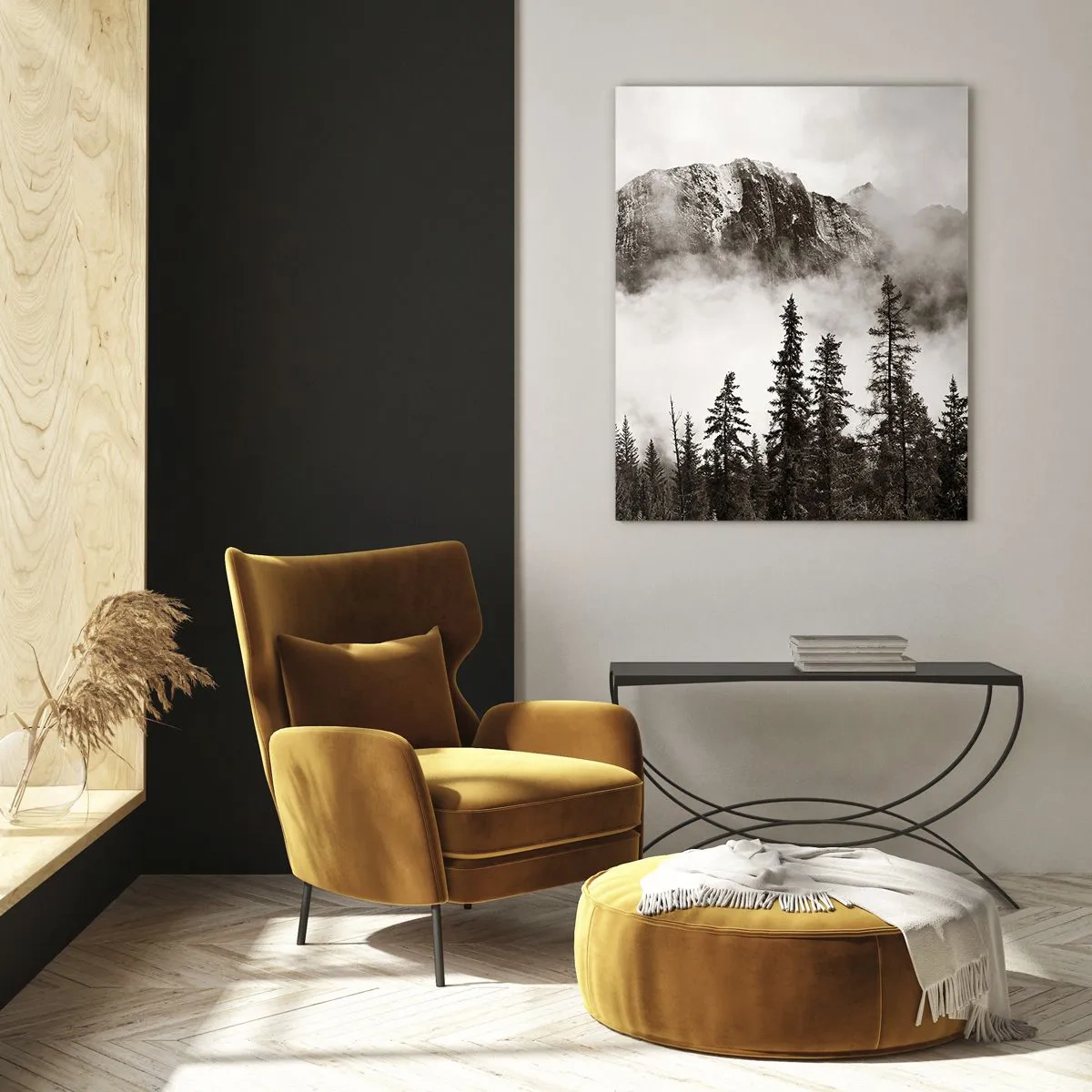 Glasbild - Bild auf glas - Berglandschaft mit Wald und Nebel in Sepiatönen - 50x70cm - Lineal aus Granit - Moderne Wanddekoration für Wohnzimmer und Schlafzimmer ARTTOR