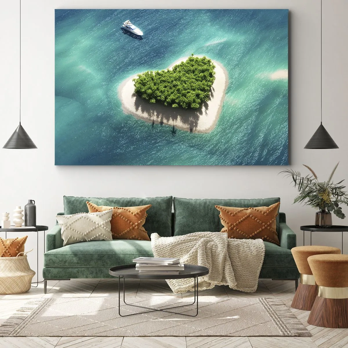 Bild auf Leinwand - Leinwandbild - Eine romantische herzförmige Insel in einem türkisfarbenen Meer - 70x50cm - ich liebe Sommer - Moderne Wanddekoration für Wohnzimmer und Schlafzimmer ARTTOR