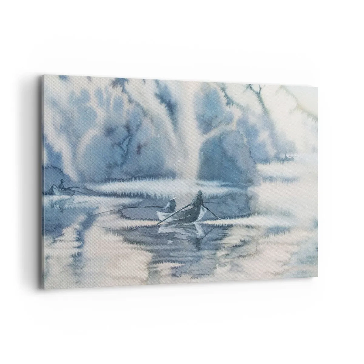 Bild auf Leinwand - Leinwandbild - Aquarelllandschaft mit Booten auf einem See, umgeben von einem nebligen Wald - 120x80cm - Angler in ihrem Paradies - Moderne Wanddekoration für Wohnzimmer und Schlafzimmer ARTTOR