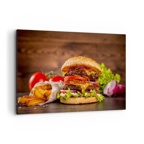 Bild auf Leinwand - Leinwandbild - Appetitlicher Burger mit Extras - 120x80cm - Die verbotene Frucht - Moderne Wanddekoration für Wohnzimmer und Schlafzimmer ARTTOR