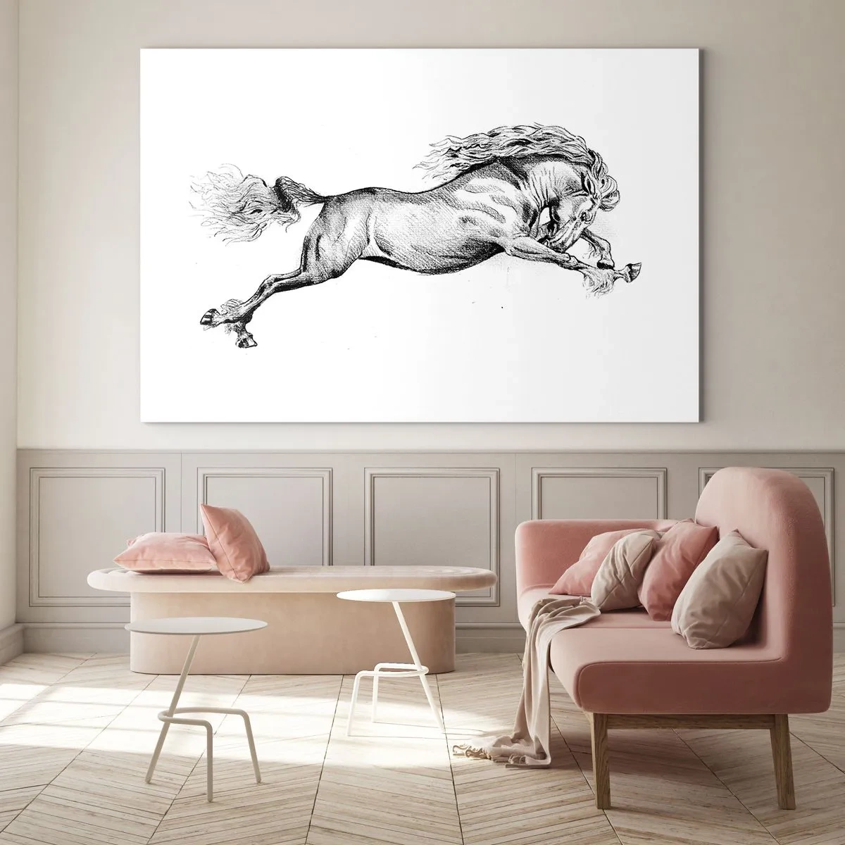 Glasbild - Bild auf glas - Schwarz-Weiß-Zeichnung eines galoppierenden Pferdes - 100x70cm - Im Galopp festgehalten - Moderne Wanddekoration für Wohnzimmer und Schlafzimmer ARTTOR