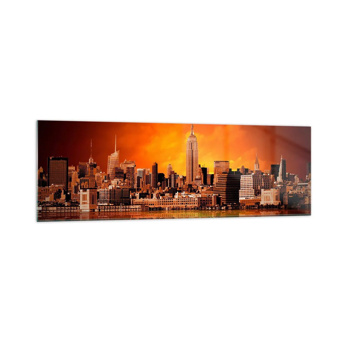 Glasbild - Bild auf glas - Panorama der Stadt bei Sonnenuntergang mit im Wasser reflektierten Gebäuden - 160x50cm - Das Großstadtpanorama in Gelb und Bronze - Moderne Wanddekoration für Wohnzimmer und Schlafzimmer ARTTOR