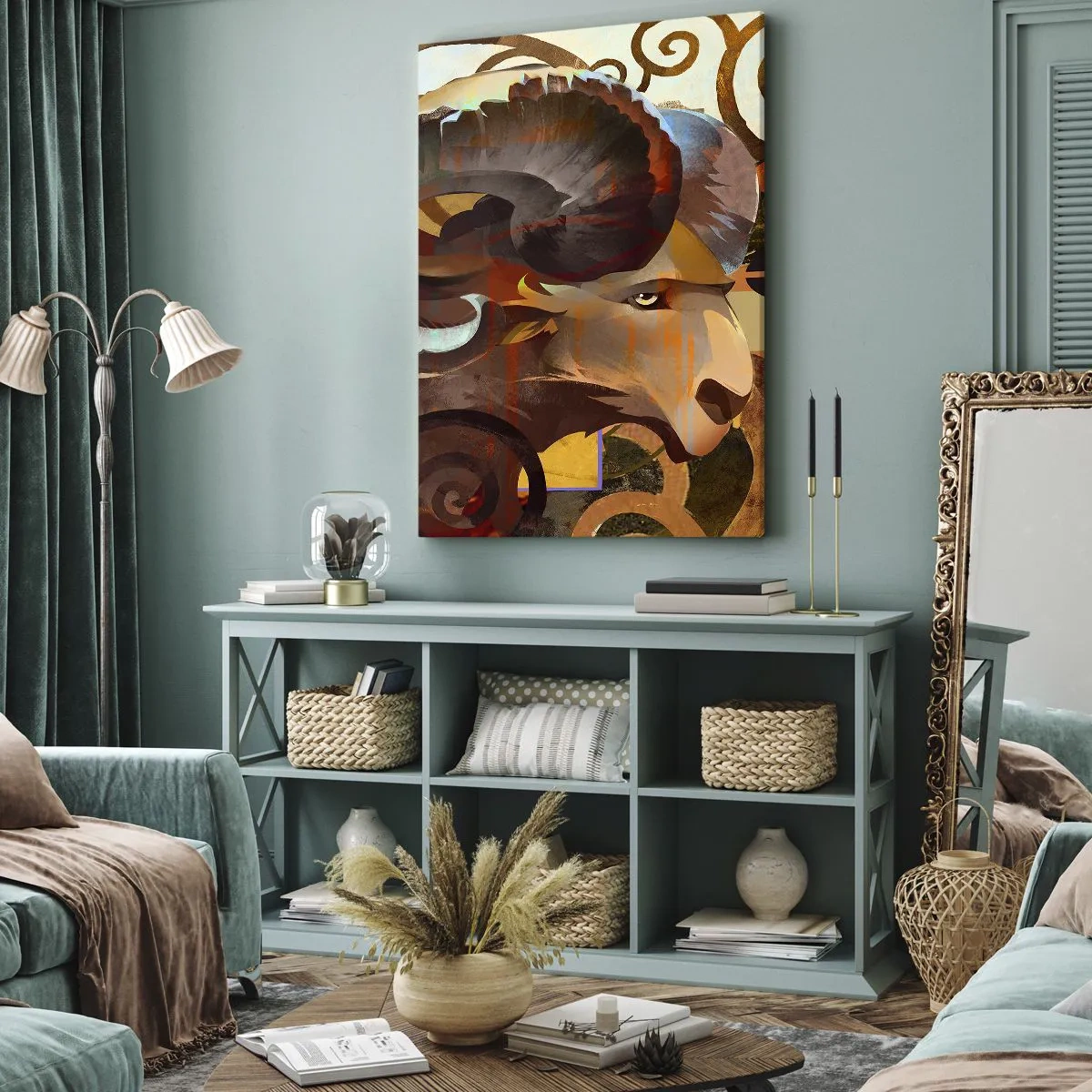 Bild auf Leinwand - Leinwandbild - Ein symbolischer Widder in einer abstrakten Komposition - 50x70cm - Magie - Religionen - Rituale - Moderne Wanddekoration für Wohnzimmer und Schlafzimmer ARTTOR