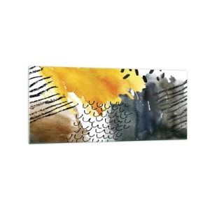 Glasbild - Bild auf glas - Eine abstrakte Komposition mit gelben Akzenten und grafischen Mustern. - 120x50cm - Ein Treffen der Elemente der Natur - Moderne Wanddekoration für Wohnzimmer und Schlafzimmer ARTTOR