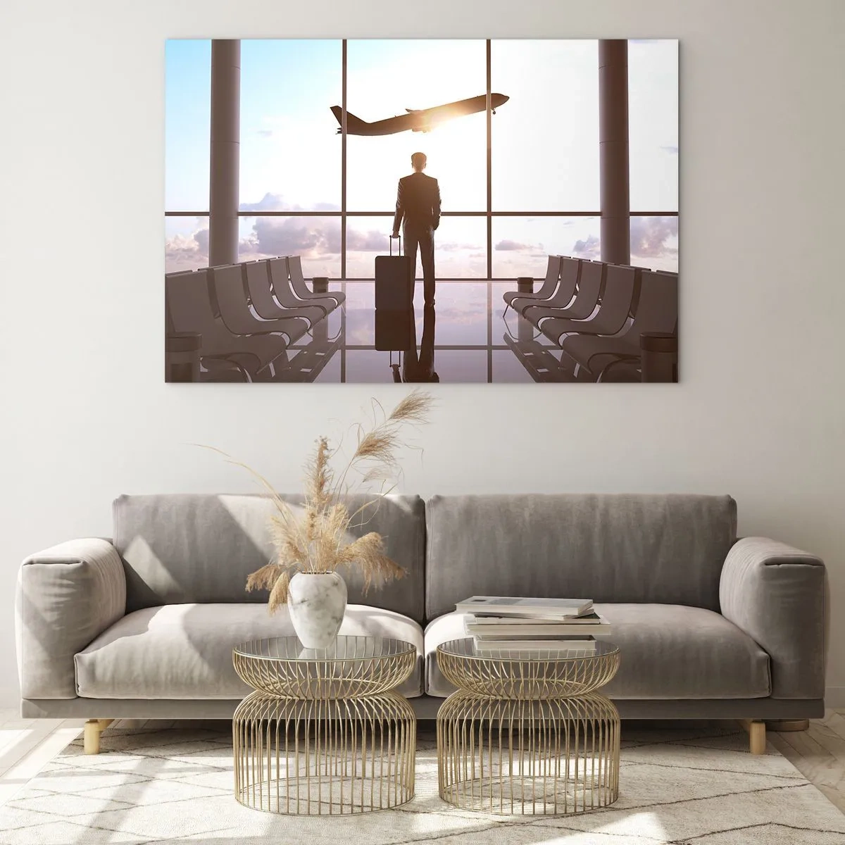 Glasbild - Bild auf glas - Ein Mann mit einem Koffer am Flughafen beobachtet ein startendes Flugzeug. - 120x80cm - Du hast Zeit, lass dir Zeit - Moderne Wanddekoration für Wohnzimmer und Schlafzimmer ARTTOR
