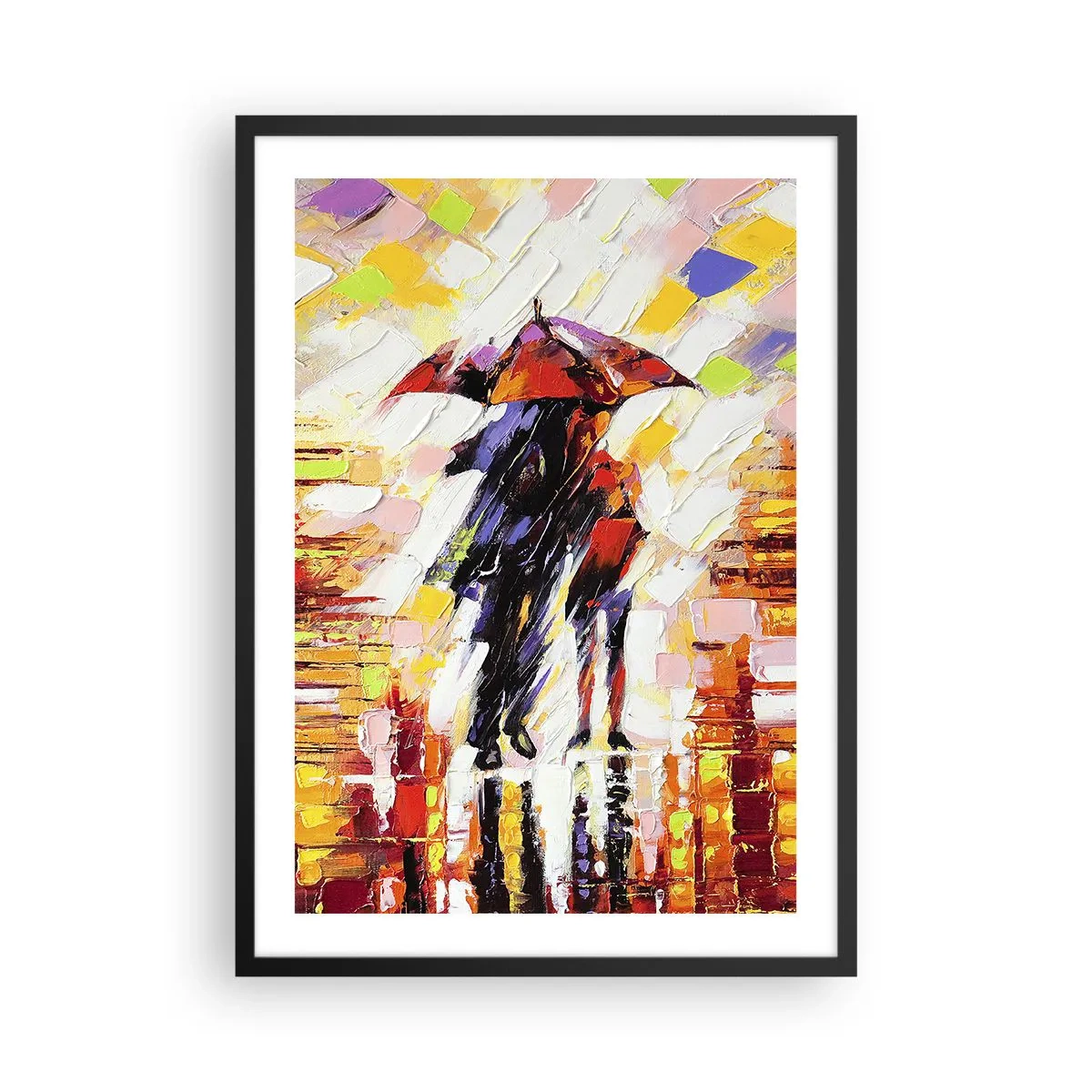 Poster in einem schwarzem Rahmen - Ein Paar unter einem Regenschirm in einer farbenfrohen Abstraktion - 50x70cm - Gemeinsam durch die Nacht und den Regen - Moderne Wanddekoration für Wohnzimmer und Schlafzimmer ARTTOR