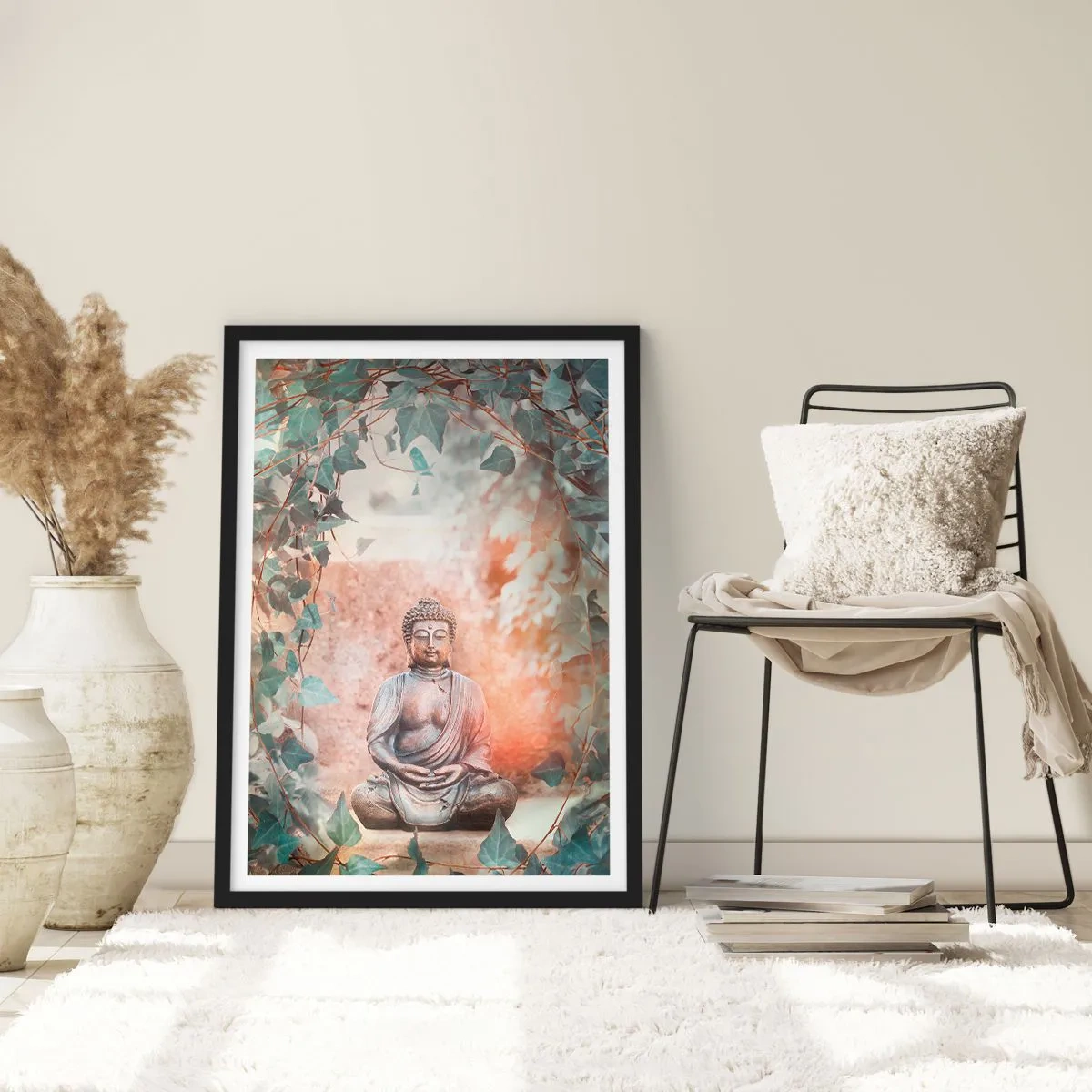 Poster in einem schwarzem Rahmen - Eine von Efeu umgebene Buddha-Statue in einer meditativen Aura - 50x70cm - Freudige Harmonie - Moderne Wanddekoration für Wohnzimmer und Schlafzimmer ARTTOR