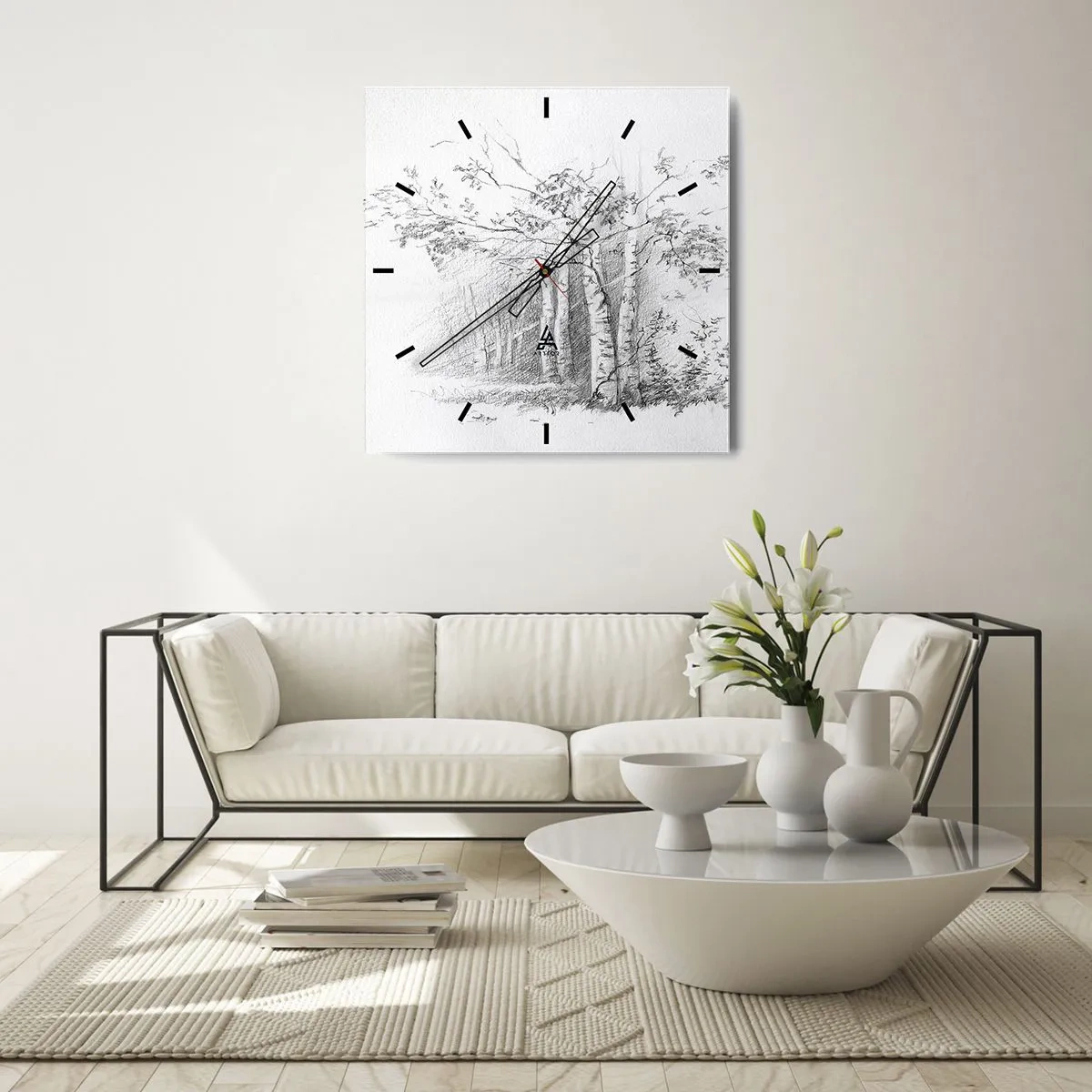 Wanduhr - Glasuhr - Eine Zeichnung eines Birkenwaldes in einer subtilen Bleistiftskizze - 30x30cm - Das Licht des Birkenwaldes - Moderne Wanddekoration für Wohnzimmer und Schlafzimmer ARTTOR