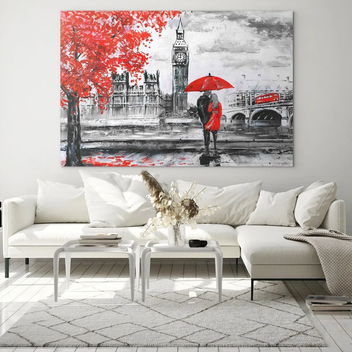 Glasbild - Bild auf glas - Ein Paar unter einem roten Regenschirm mit Big Ben und Herbstbäumen im Hintergrund. - 120x80cm - Verliebt in London - Moderne Wanddekoration für Wohnzimmer und Schlafzimmer ARTTOR