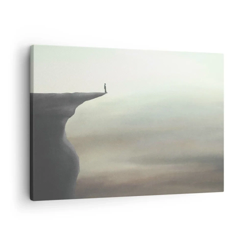 Bild auf Leinwand - Leinwandbild - Silhouette einer Figur am Rand einer Klippe in einer nebligen Landschaft - 70x50cm - Nach oben, natürlich! - Moderne Wanddekoration für Wohnzimmer und Schlafzimmer ARTTOR
