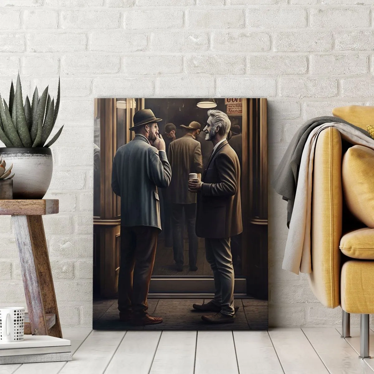 Bild auf Leinwand - Leinwandbild - Straßenszene mit Menschen vor einem Retro-Café - 80x120cm - Gute Zeit des Tages - Moderne Wanddekoration für Wohnzimmer und Schlafzimmer ARTTOR