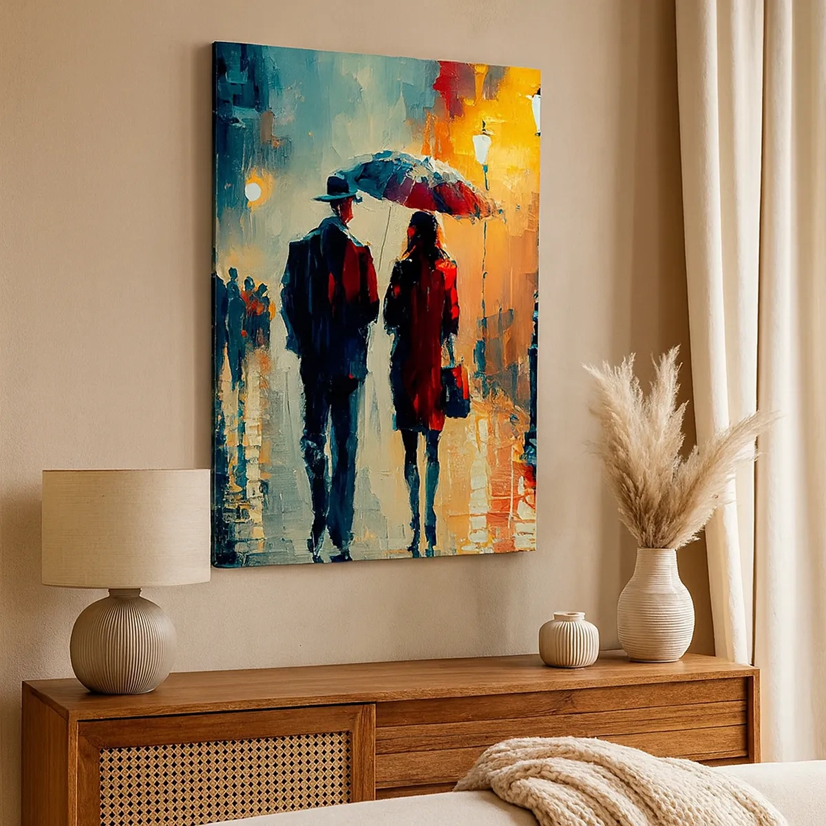 Bild auf Leinwand - Leinwandbild - Nachts im Regen unter einem Regenschirm in der Stadt spazieren gehen - 50x70cm - Urbane Liebesgeschichte - Moderne Wanddekoration für Wohnzimmer und Schlafzimmer ARTTOR