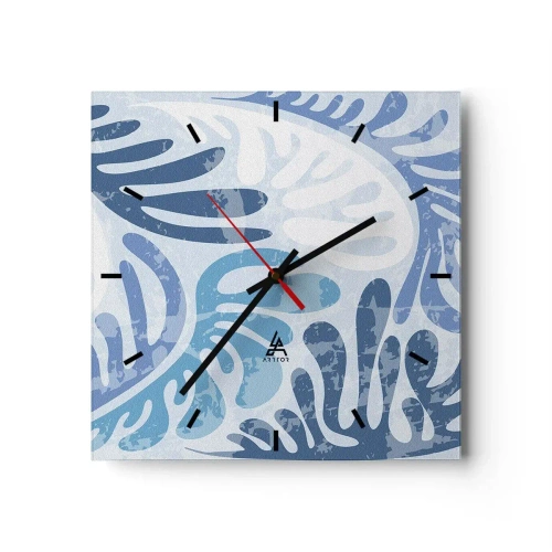 Wanduhr - Glasuhr - Abstrakte Formen in Blautönen auf weißem Hintergrund - 30x30cm - Blaue Farne - Moderne Wanddekoration für Wohnzimmer und Schlafzimmer ARTTOR
