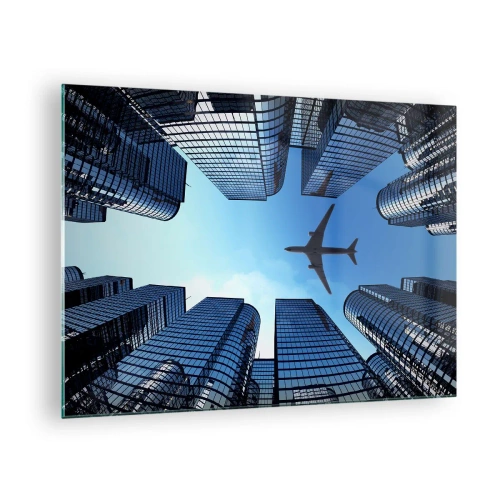 Glasbild - Bild auf glas - Blick auf das Flugzeug zwischen Wolkenkratzern - 70x50cm - Der Blick aus der Glasschlucht - Moderne Wanddekoration für Wohnzimmer und Schlafzimmer ARTTOR