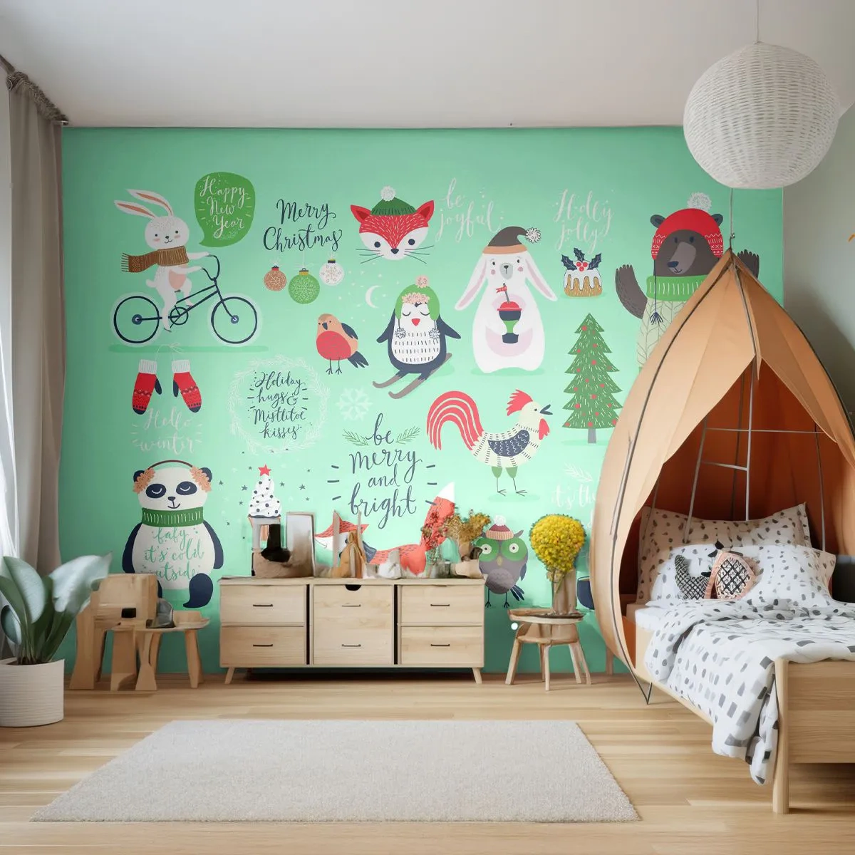 Fototapete Premium Canvas - Möge es immer Weihnachten sein! - Für Kinder, Winter, Glückliche Tiere - 450x315 cm