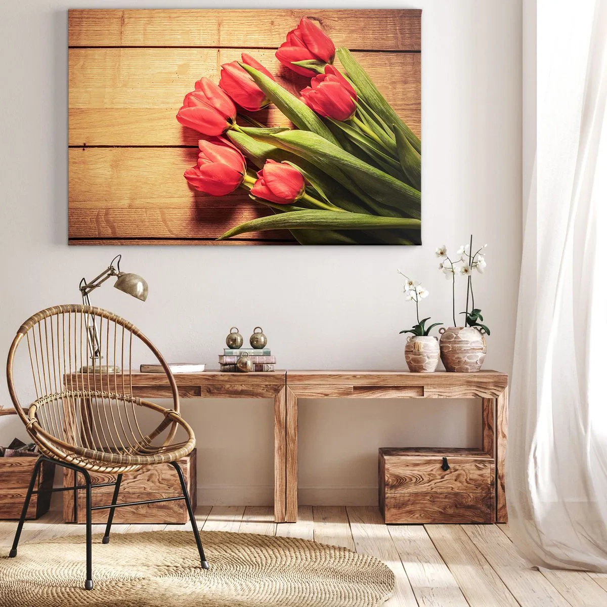 Bild auf Leinwand - Leinwandbild - Ein Strauß rosa Tulpen auf einem hölzernen Hintergrund - 120x80cm - Frühlingsgeständnis - Moderne Wanddekoration für Wohnzimmer und Schlafzimmer ARTTOR